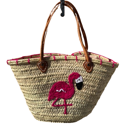 Capazo de rafia artesanal con asas de piel y flamenco fucsia bolso verano grande premium