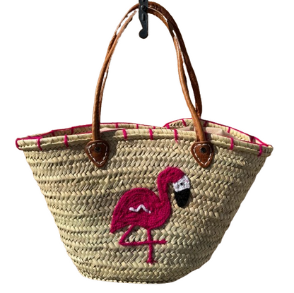 Capazo de rafia artesanal con asas de piel y flamenco fucsia bolso verano grande premium