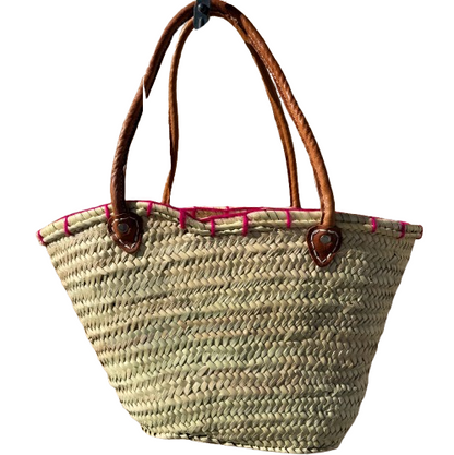 Capazo de rafia artesanal con asas de piel y flamenco fucsia bolso verano grande premium