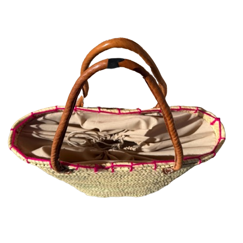 Capazo de rafia artesanal con asas de piel y flamenco fucsia bolso verano grande premium