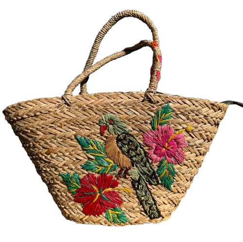 Capazo de mimbre XL bordado loro tropical | bolso verano boho chic
