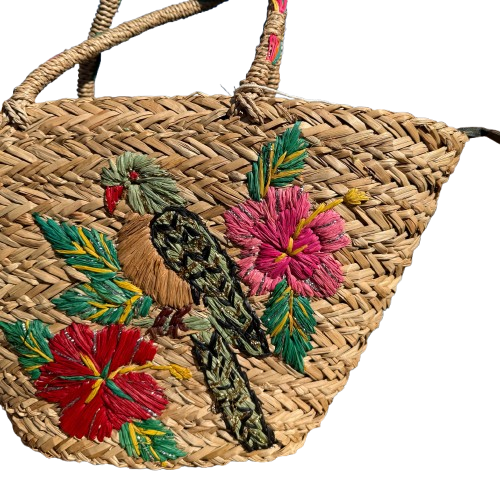 Capazo de mimbre XL bordado loro tropical | bolso verano boho chic