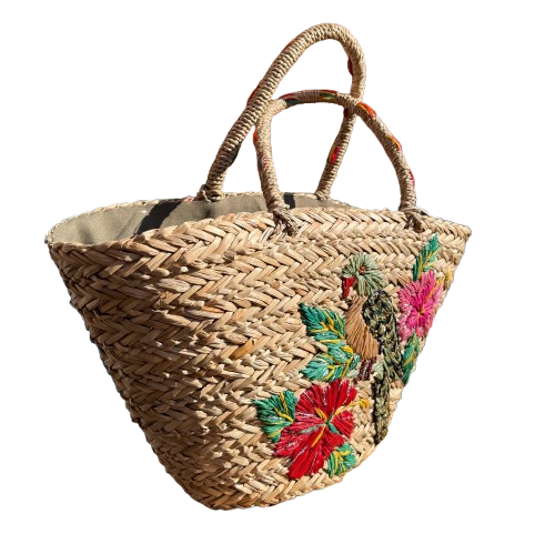Capazo de mimbre XL bordado loro tropical | bolso verano boho chic