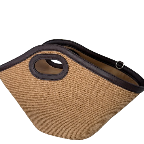 Bolso capazo de rafia con asa larga extraíble beige-choco