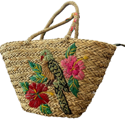 Capazo de mimbre XL bordado loro tropical | bolso verano boho chic