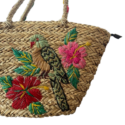 Capazo de mimbre XL bordado loro tropical | bolso verano boho chic