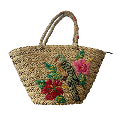Capazo de mimbre XL bordado loro tropical | bolso verano boho chic