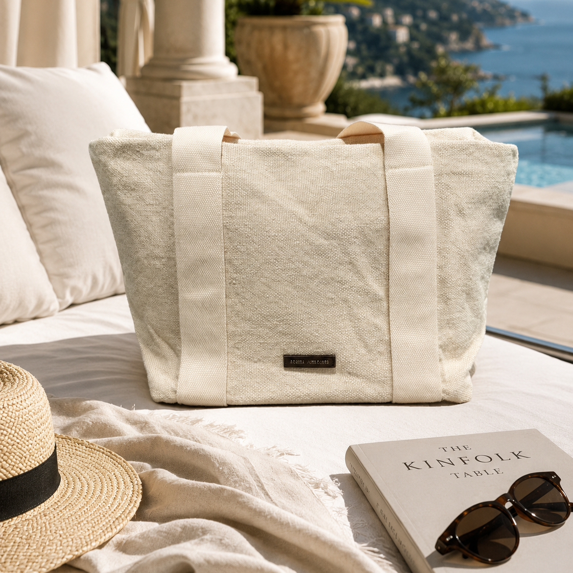 Bolso shopper beige de lino y algodón