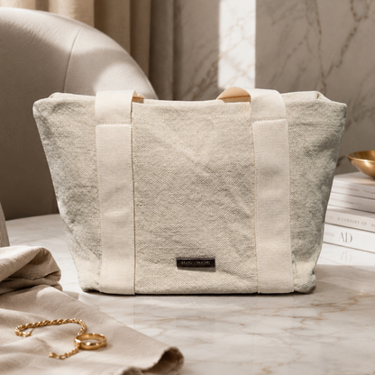 Bolso shopper beige de lino y algodón