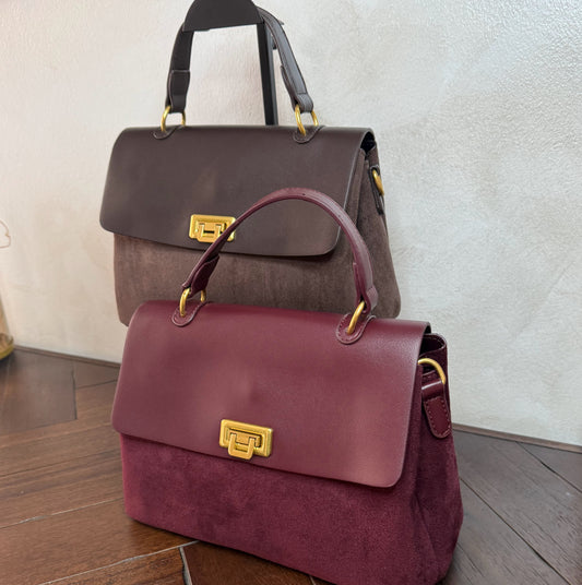 Bolso de mano + asa bandolera combinado en piel y ante