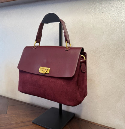 Bolso de mano + asa bandolera combinado en piel y ante