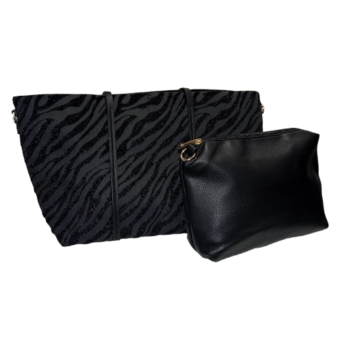 Bolso shopper negro reversible con estampado cebra glitter