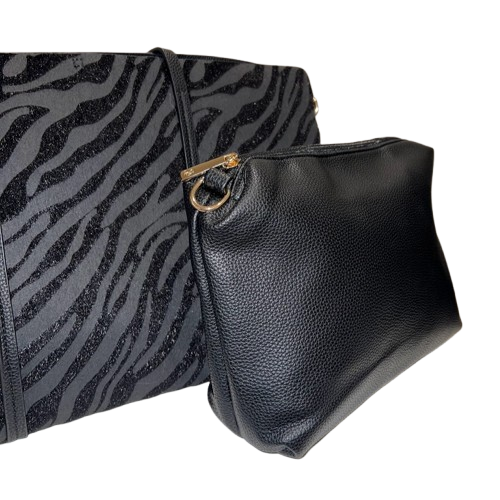 Bolso shopper negro reversible con estampado cebra glitter