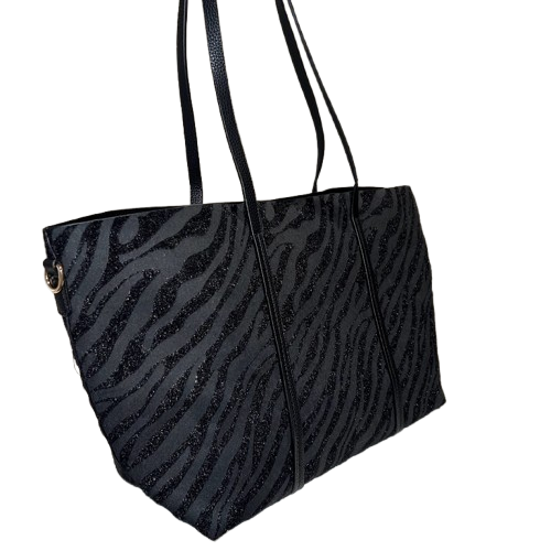 Bolso shopper negro reversible con estampado cebra glitter