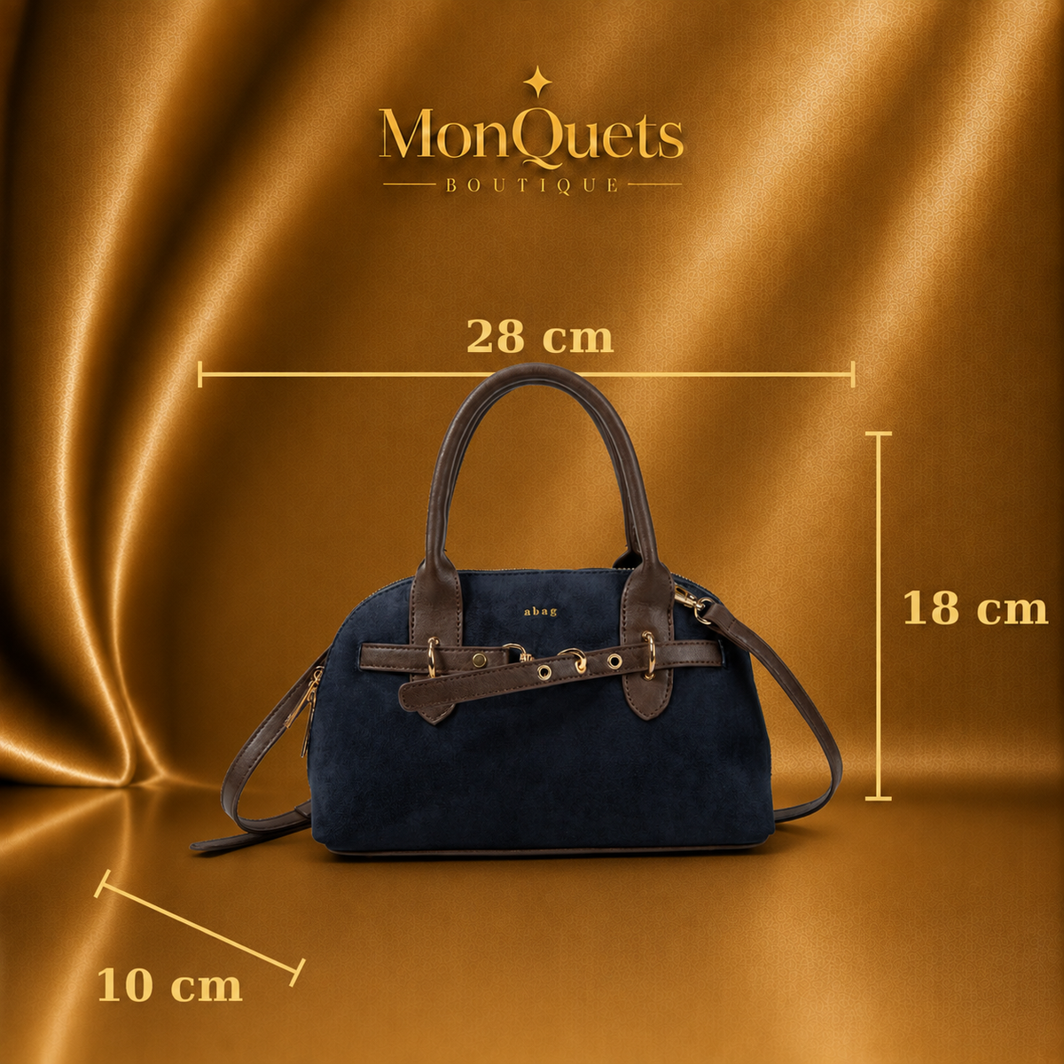 Bolso satchel azul con medidas 28 x 10 x 18 cm sin halo