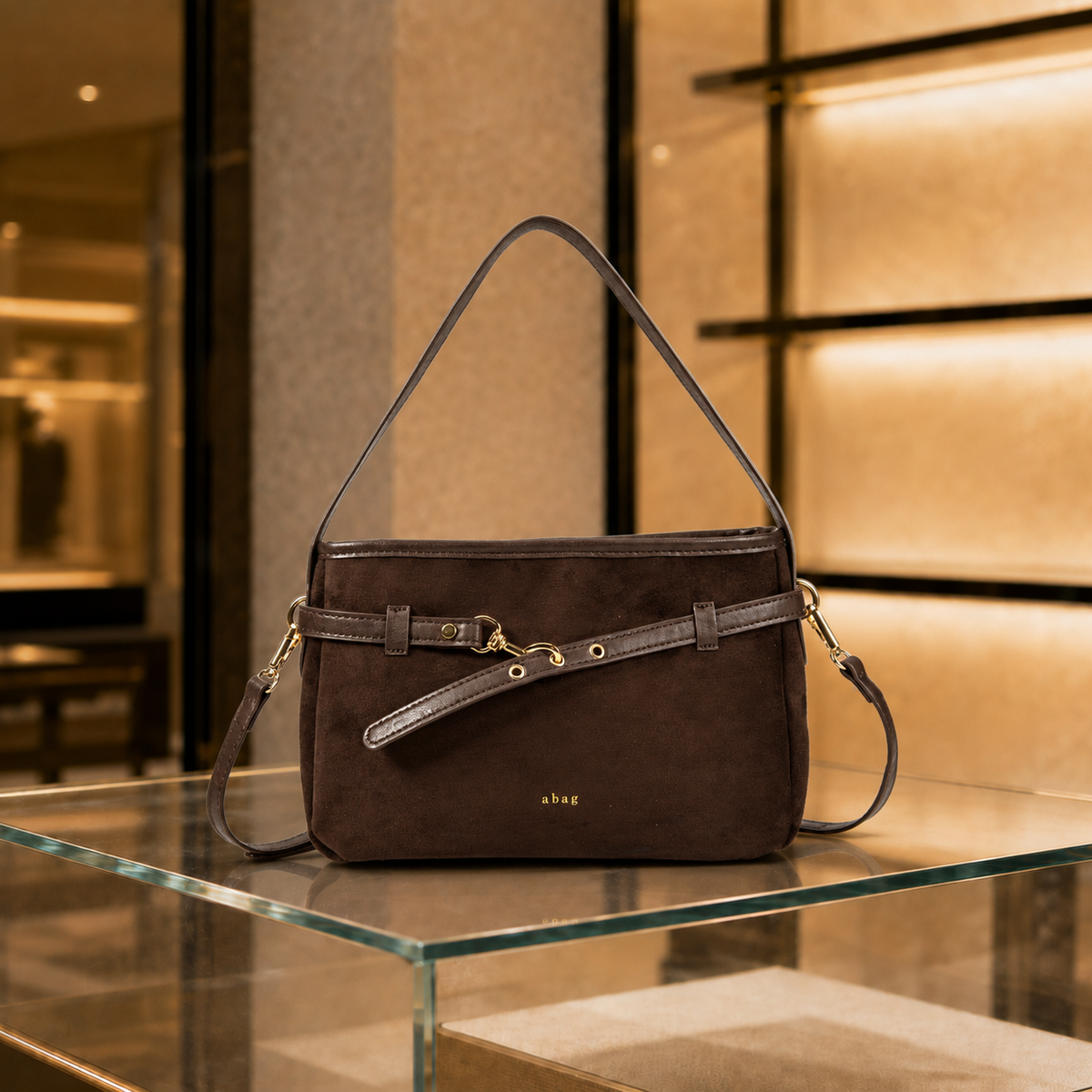 Bolso de hombro de antelina color coffee, escaparate boutique