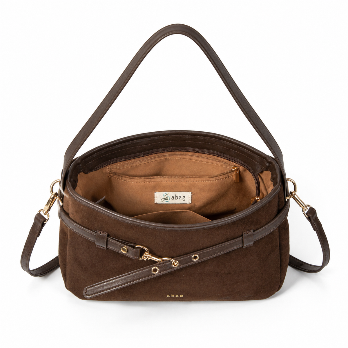 Bolso de hombro de antelina color coffee, vista interior
