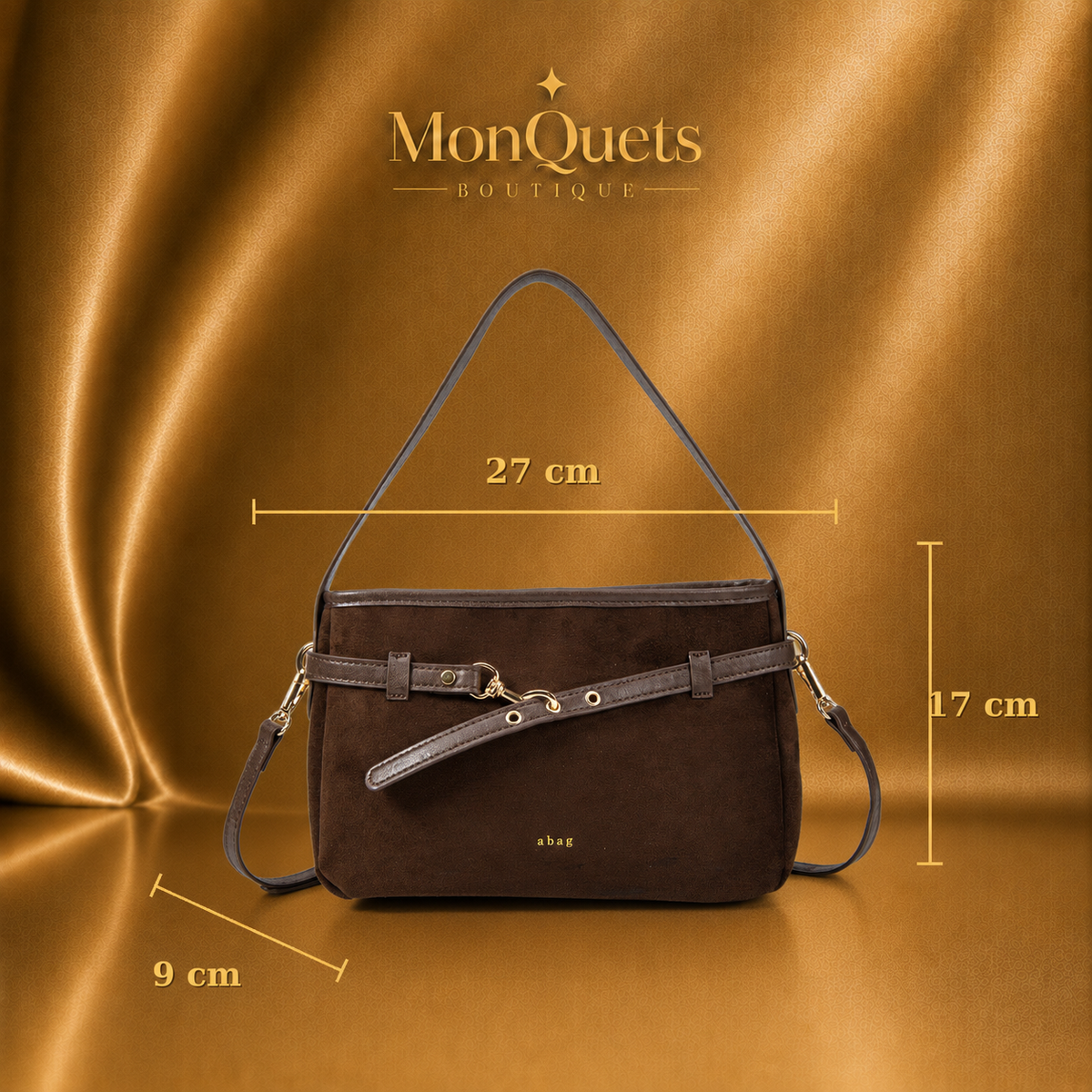 Bolso de hombro de antelina color coffee, medidas 27 x 9 x 17 cm