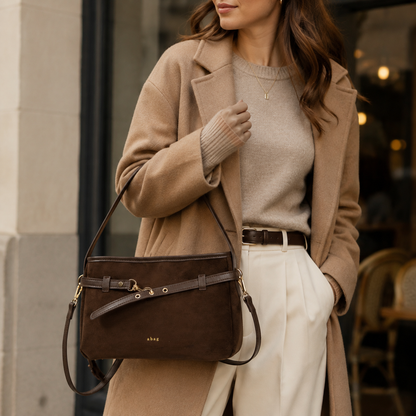Bolso de hombro de antelina color coffee, modelo estilo casual elegante