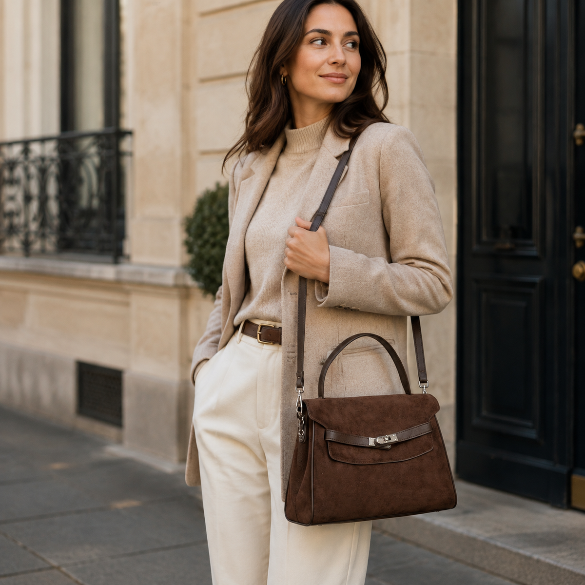 Bolso de mano efecto ante Coffee, modelo con bolso