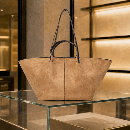 Bolso shopper efecto ante Kaki en escaparate de boutique