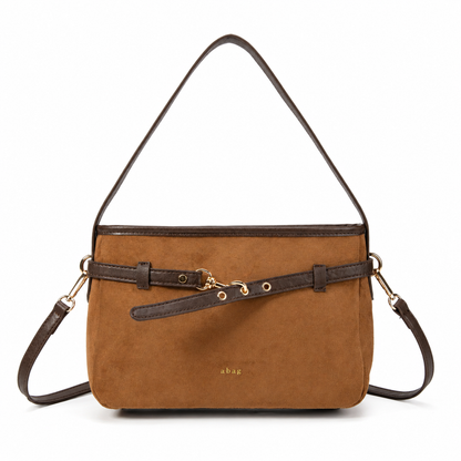 Bolso de hombro de antelina color marron, vista frontal