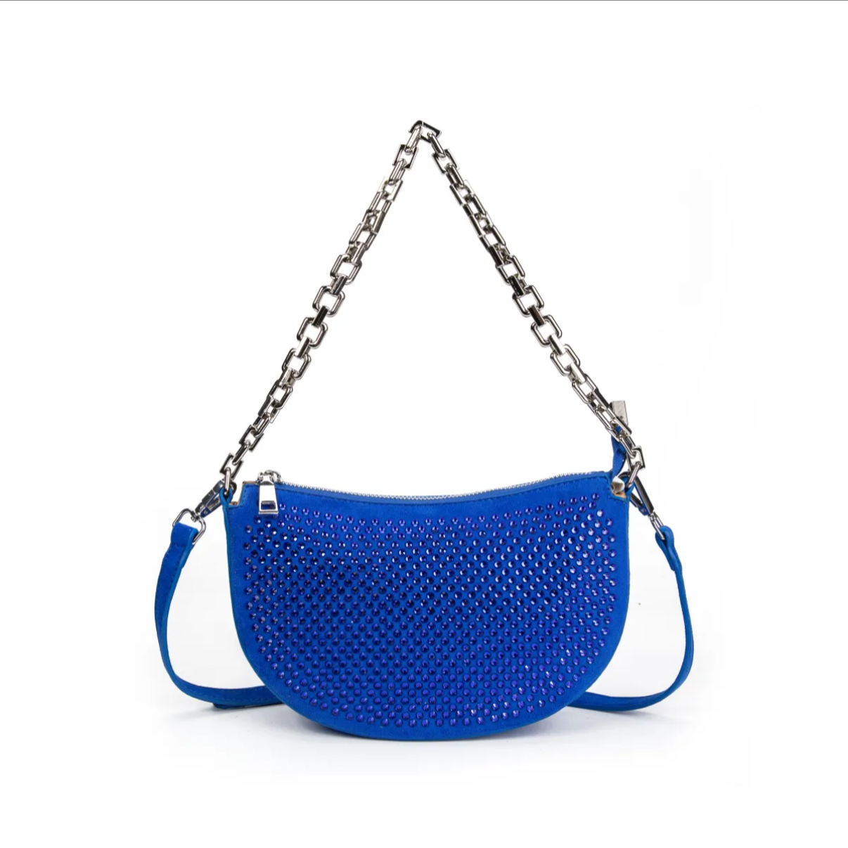 Bolso media luna azul klein con strass y cadena plateada