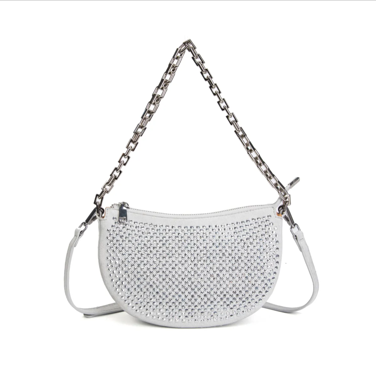 Bolso media luna blanco con strass y cadena plateada