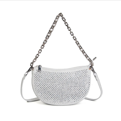 Bolso media luna blanco con strass y cadena plateada