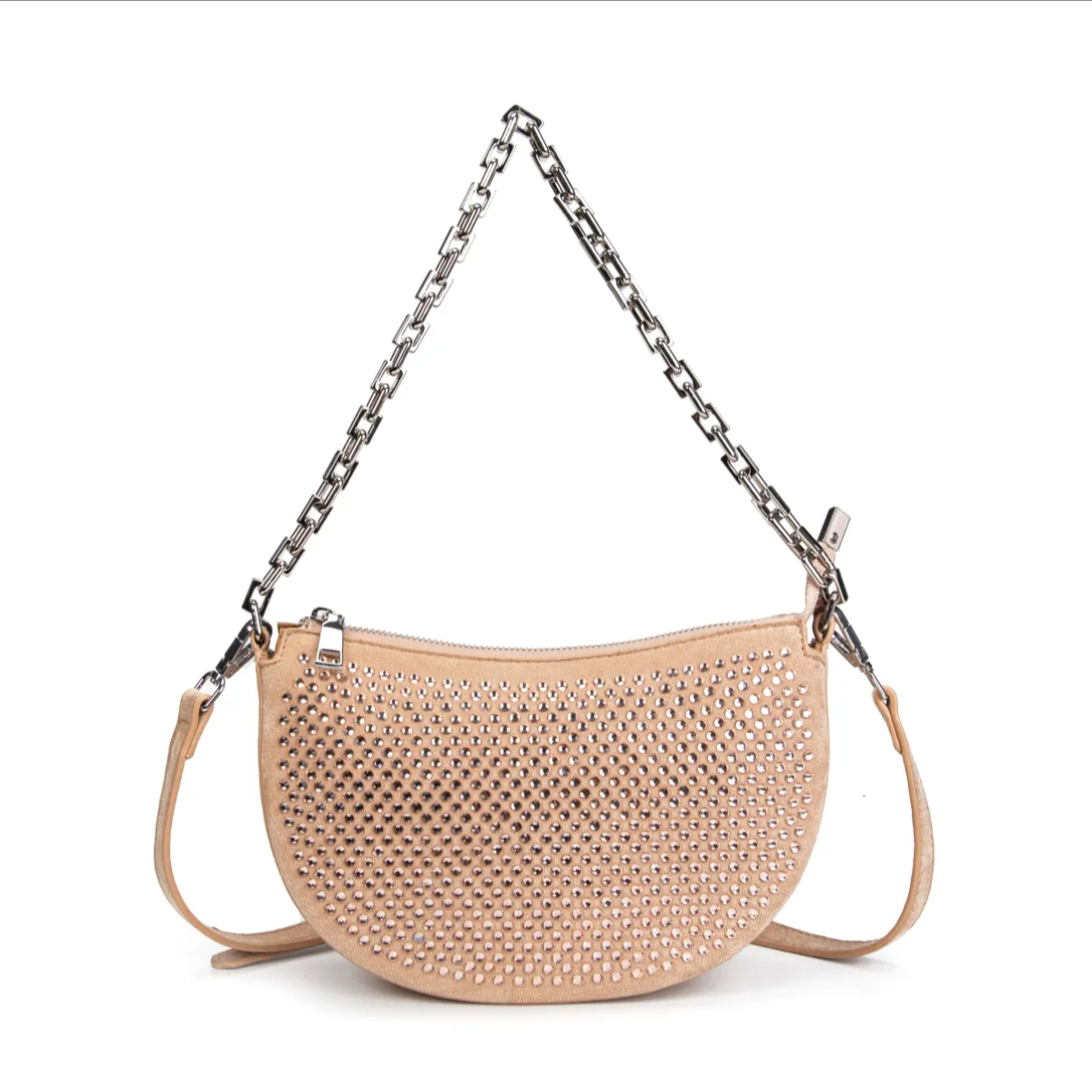 Bolso media luna nude con strass y cadena plateada