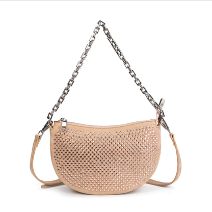 Bolso media luna nude con strass y cadena plateada