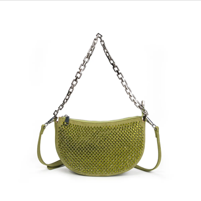 Bolso media luna verde con strass y cadena plateada