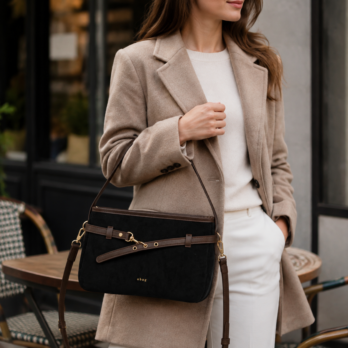 Bolso de hombro de antelina color negro, modelo estilo casual elegante