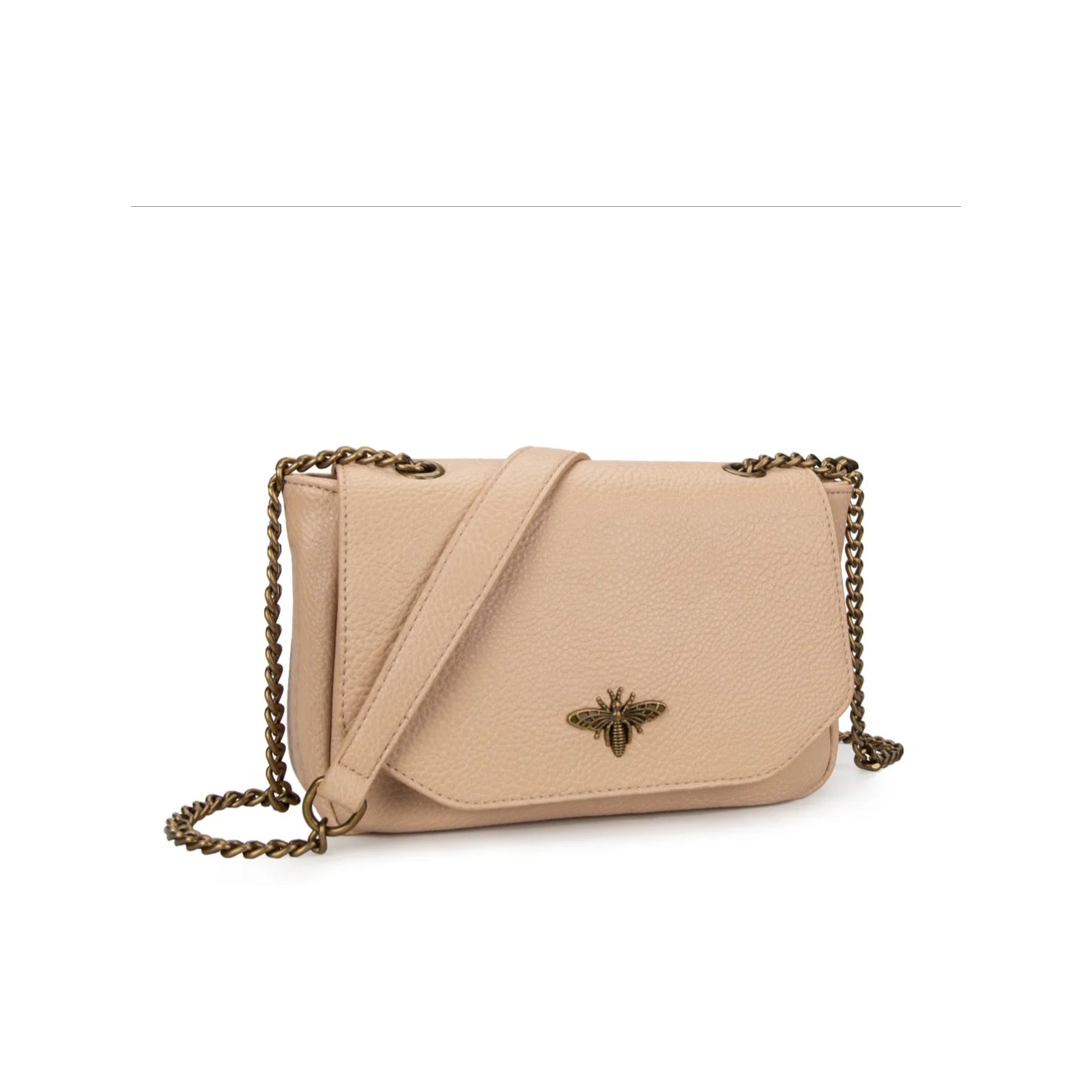 Bolso bandolera con cadena y detalle abeja en color beige