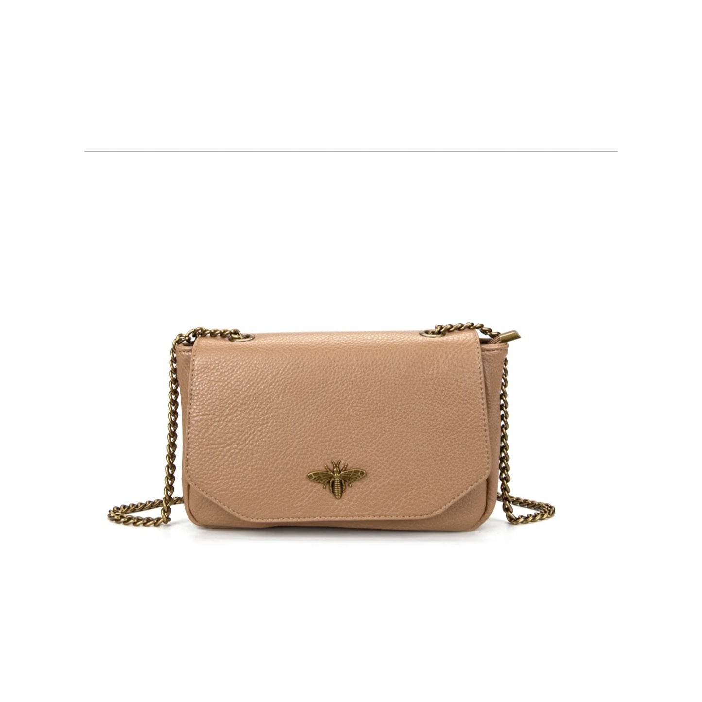 Bolso bandolera con cadena y detalle abeja en color taupe