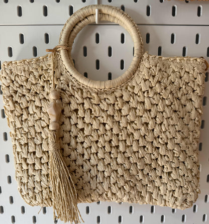 Bolso de rafia natural con asa de mano y larga para colgar