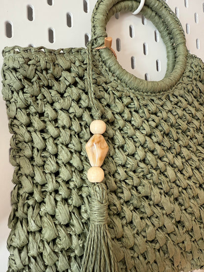 Bolso de rafia natural con asa de mano y larga para colgar