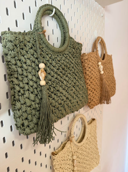 Bolso de rafia natural con asa de mano y larga para colgar